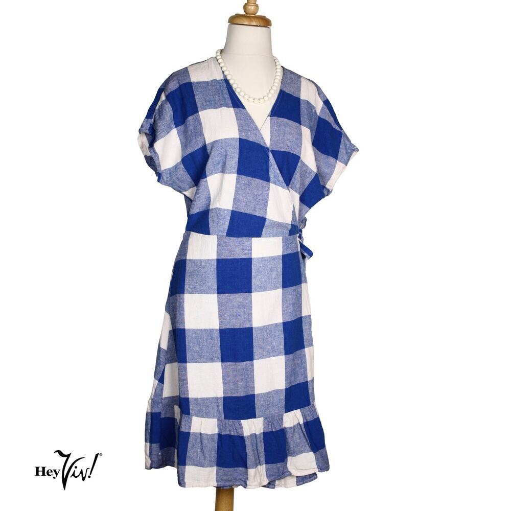 Old Navy Blue White Buffalo Check Wrap Dress Ruffle Hem Cottagecore L - Hey Viv